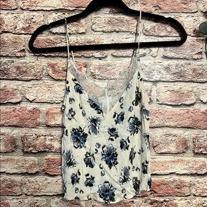 Floral Lace Trim Cami Top - Blue and White